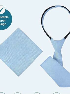 Light Blue Pre-Tied Neck Tie and Pocket Square Set - Men Accessories